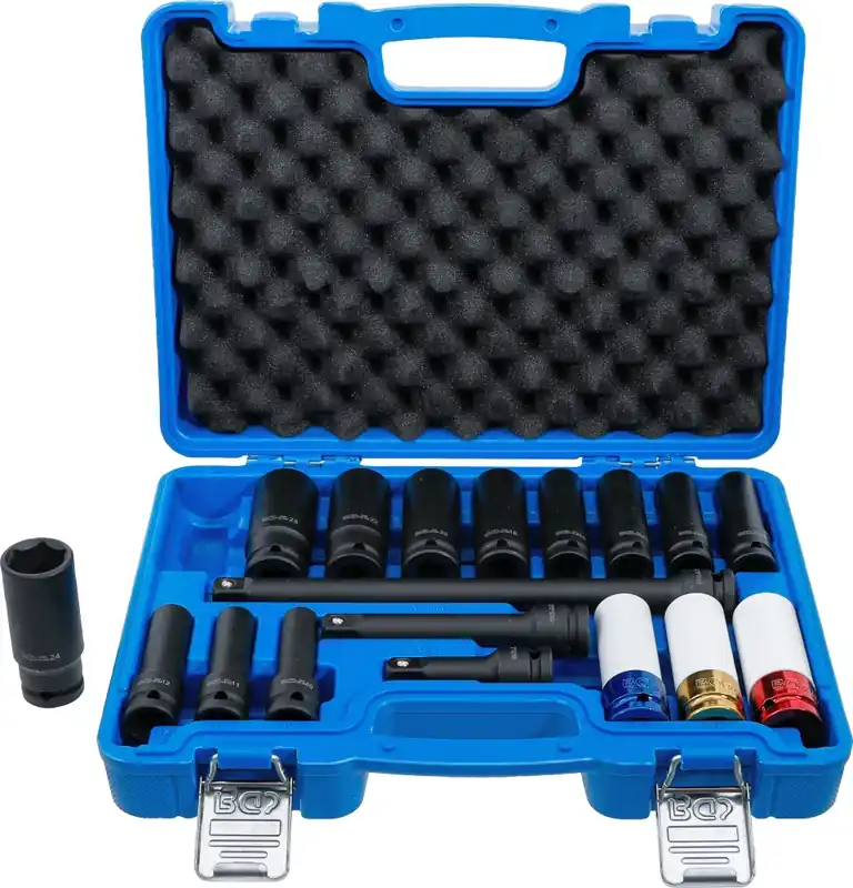 Letzte Chance BGS Kraft-Steckschlüssel- und Kraft-Schoneinsatz-Satz | Sechskant | Antrieb Innenvierkant 12,5 mm (1/2") | SW 10 - 24 mm | 18-tlg. – 5202